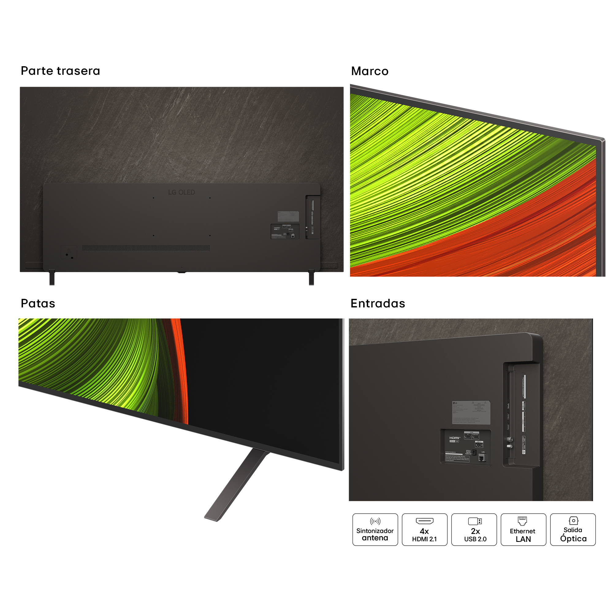 Imágenes en primer plano de un televisor LG OLED negro, mostrando la parte trasera, el marco, las patas y las entradas. Detalles en inglés y español.