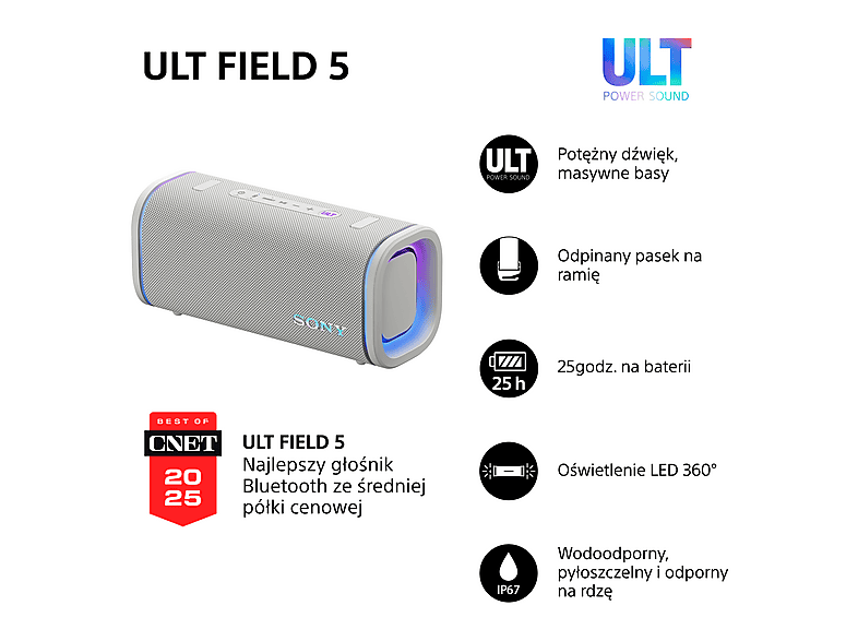 Głośnik mobilny SONY ULT Field 5&nbsp; Bateria 25 godz. Szybkie ładowanie, 10 pasmowy EQ, IP67, Sound Field Optimisation, Biały – zdjęcie 3