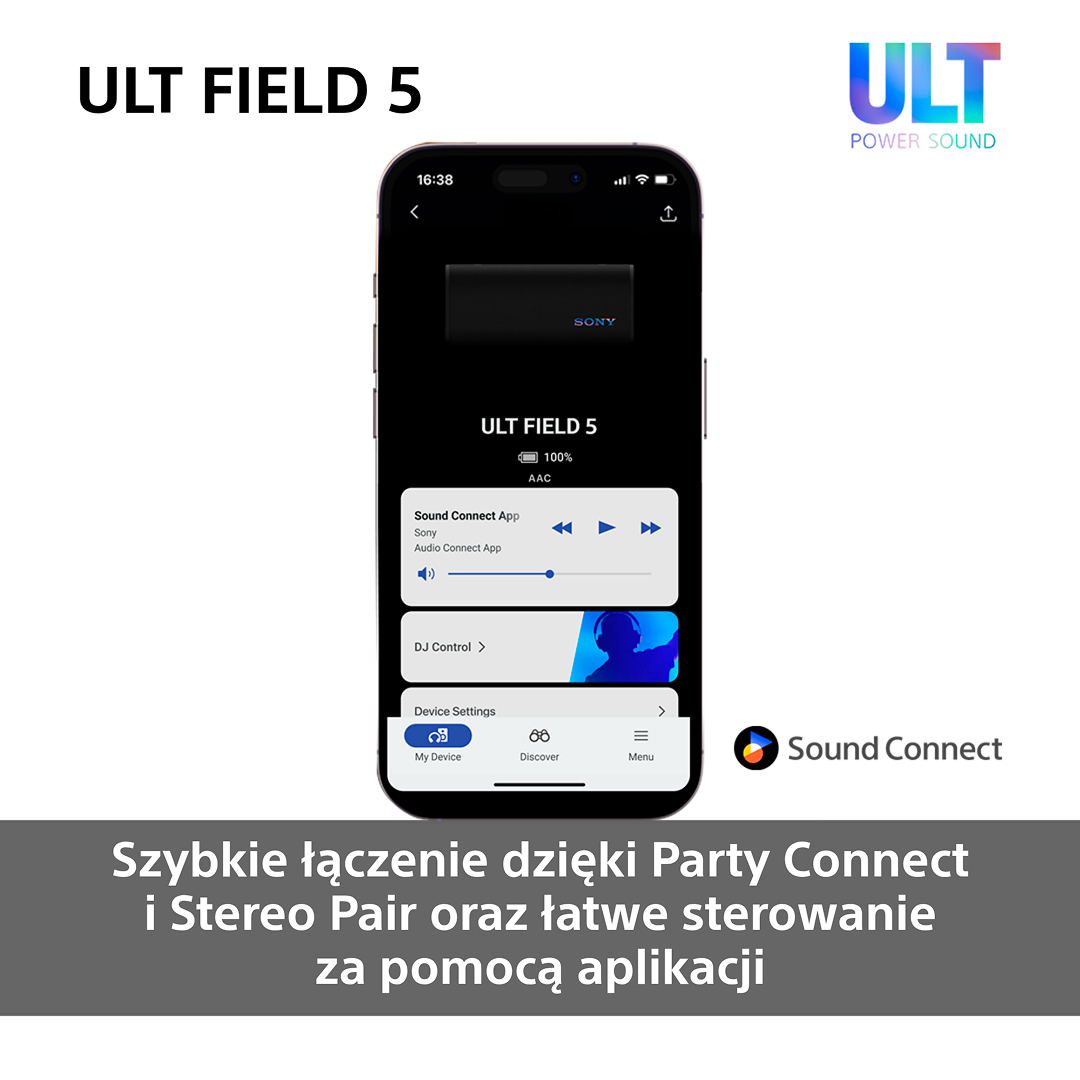 Ekran smartfona z aplikacją muzyczną. Tekst: Szybkie połączenie z Party Connect i łatwe sterowanie przez aplikację.