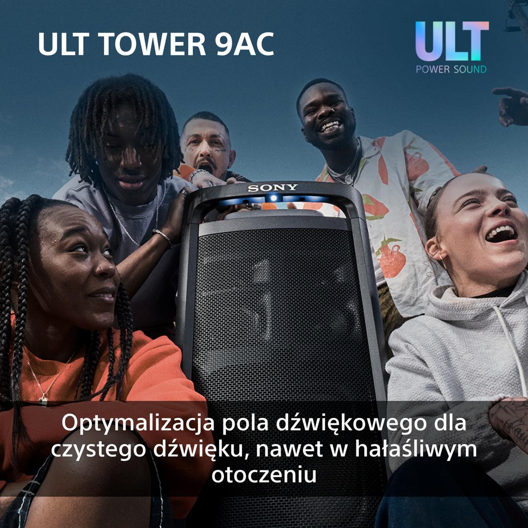 Grupa osób wokół głośnika Sony ULT TOWER 9AC, uśmiechających się i śmiejących.