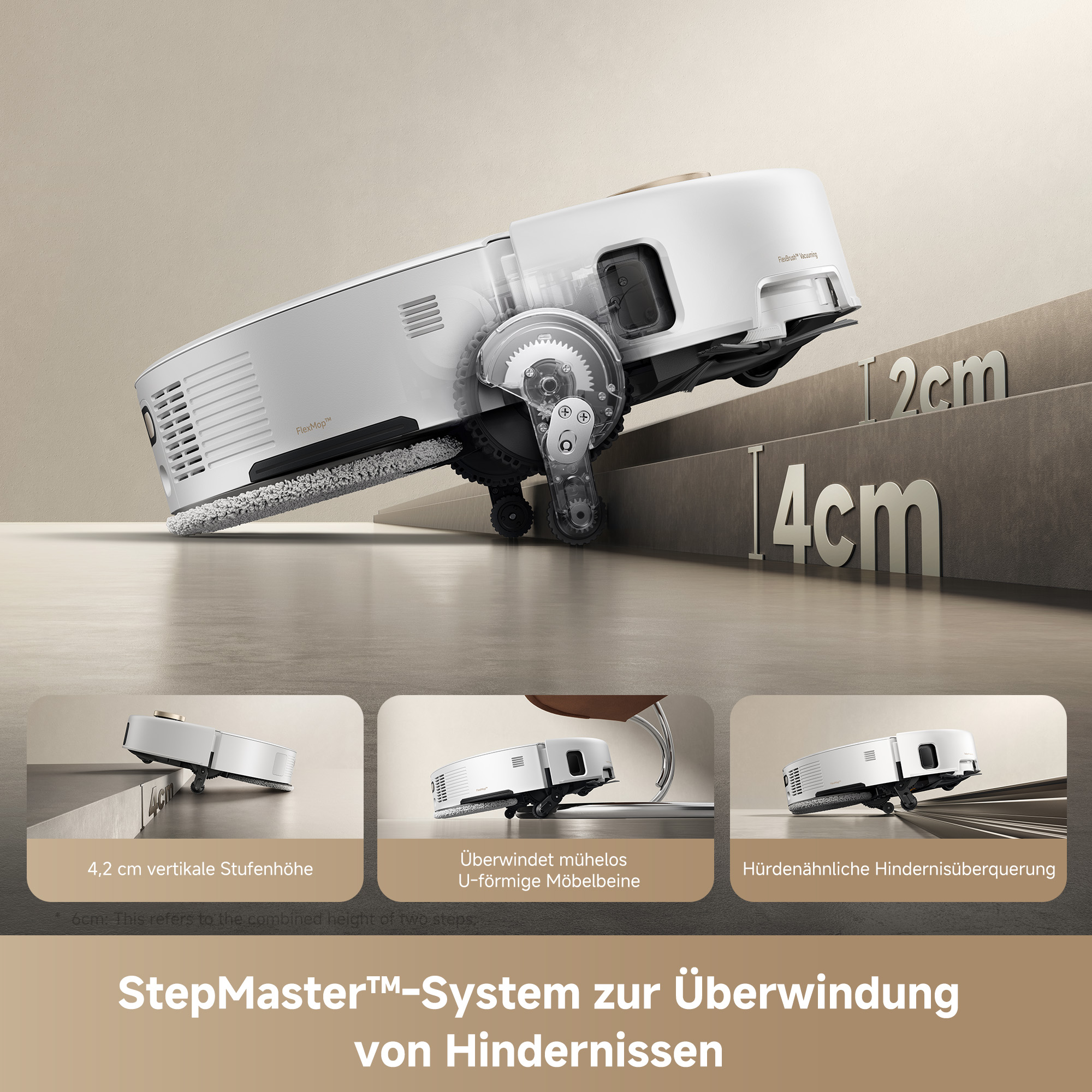 Ein Roboter-Staubsauger überwindet Hindernisse. Drei kleinere Bilder zeigen die Fähigkeiten.