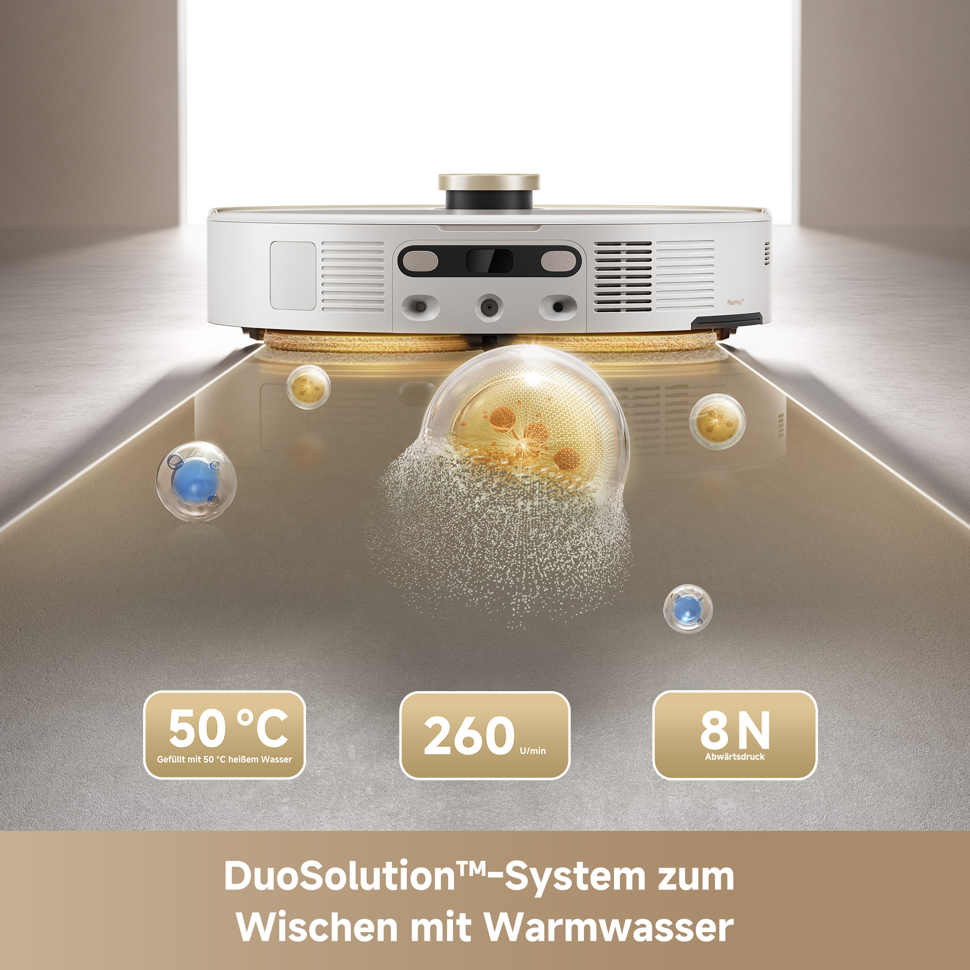 Roboter-Staubsauger reinigt den Boden. Text: DuoSolution, 50°C, 260 U/min.
