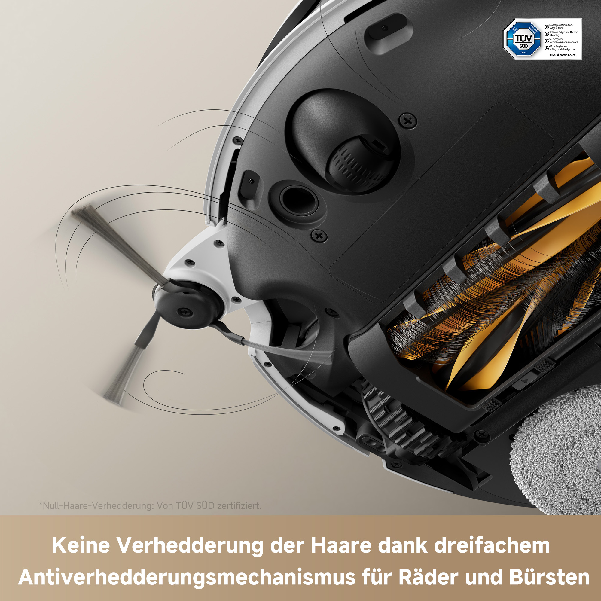 Roboter-Staubsauger. Bürste und Reinigungsteile sichtbar, Text über Haarreduzierung.