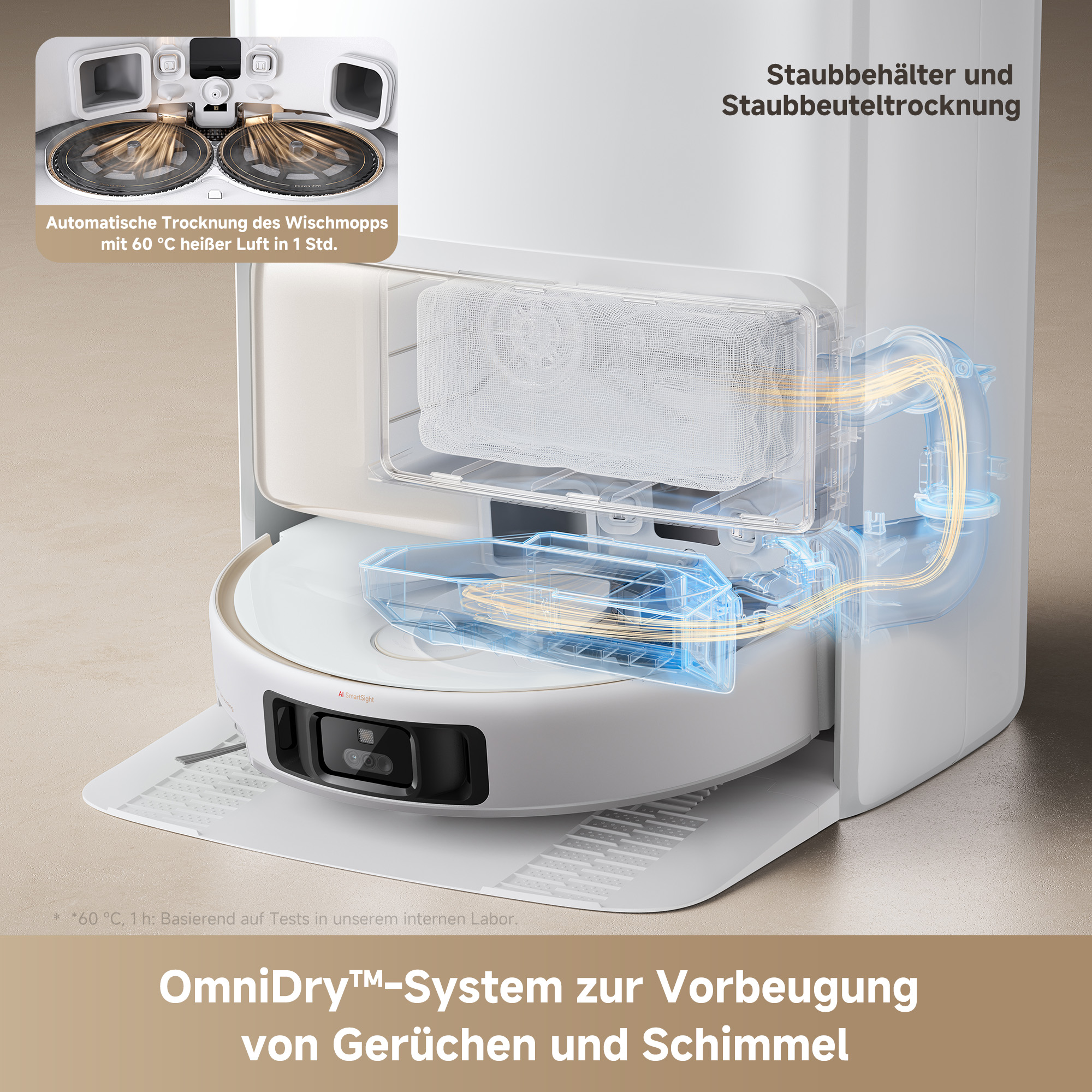 Ein Roboter-Staubsauger mit weißem Gehäuse und einem transparenten Behälter oben.
