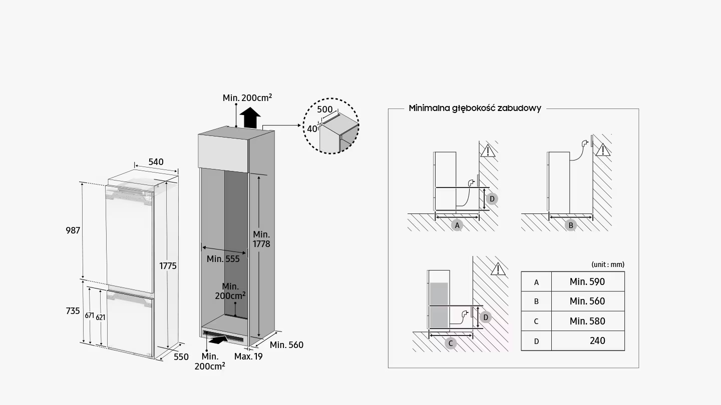 Diagram a beépített hűtőszekrény méreteivel és beépítési követelményeivel.