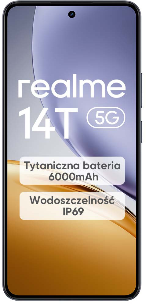 Czarny smartfon z tekstem 'realme 14T 5G' i szczegółami na ekranie.