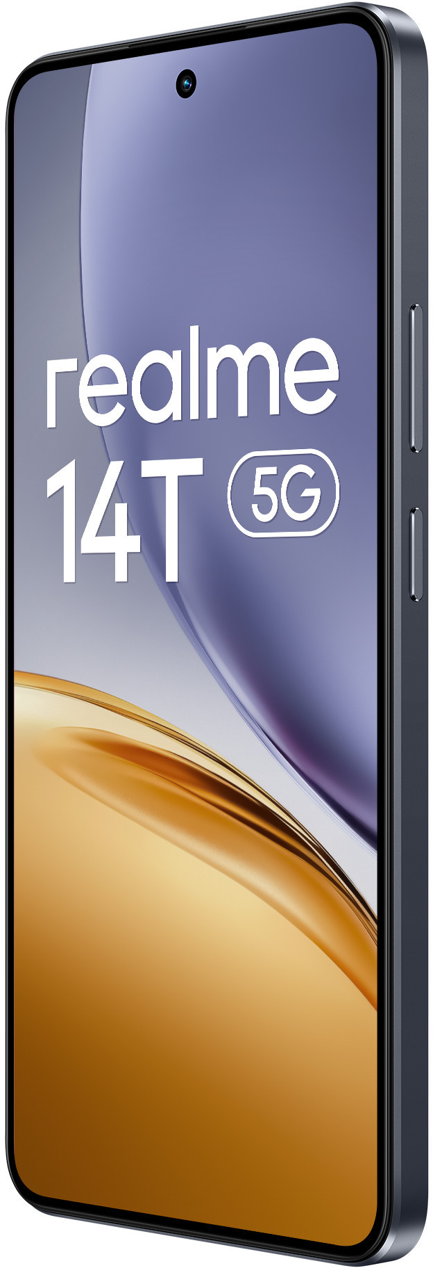 Smartfon z ekranem wyświetlającym logo 'realme 14T 5G'. Niebiesko-złoty gradient.