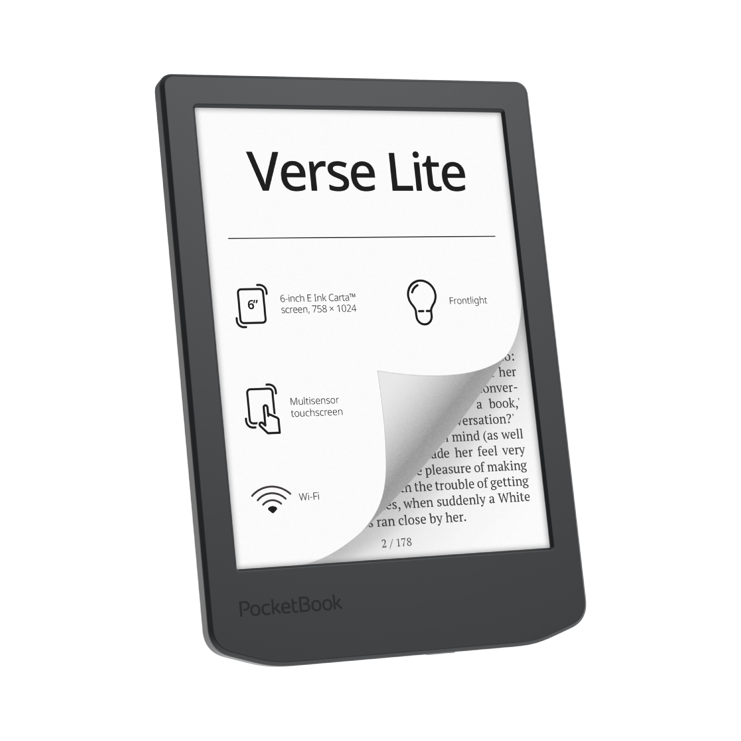 Black e-reader showing screen with text and icons. 'Verse Lite' is the title.
