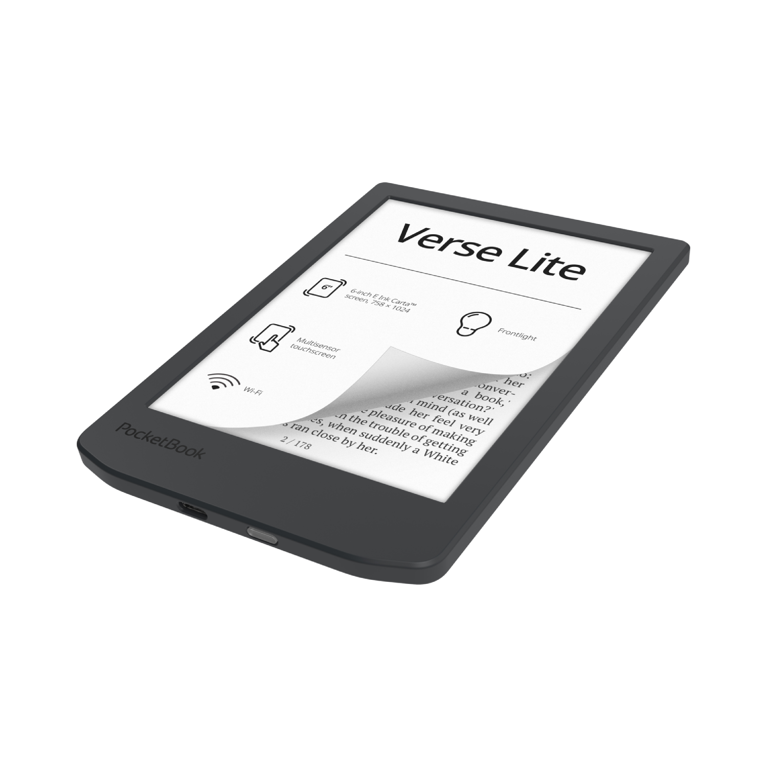 A black PocketBook Verse Lite e-reader is displayed at an angle, with a book open.
