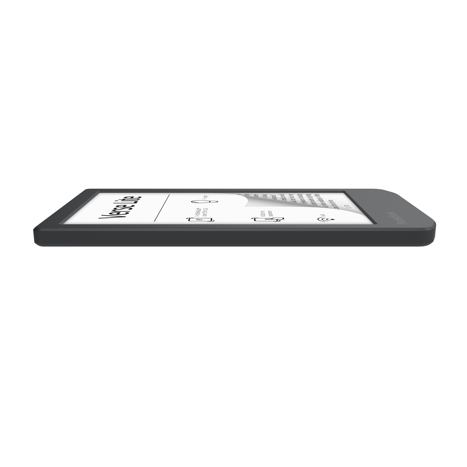 A side view of a grey e-reader with a screen displaying text.