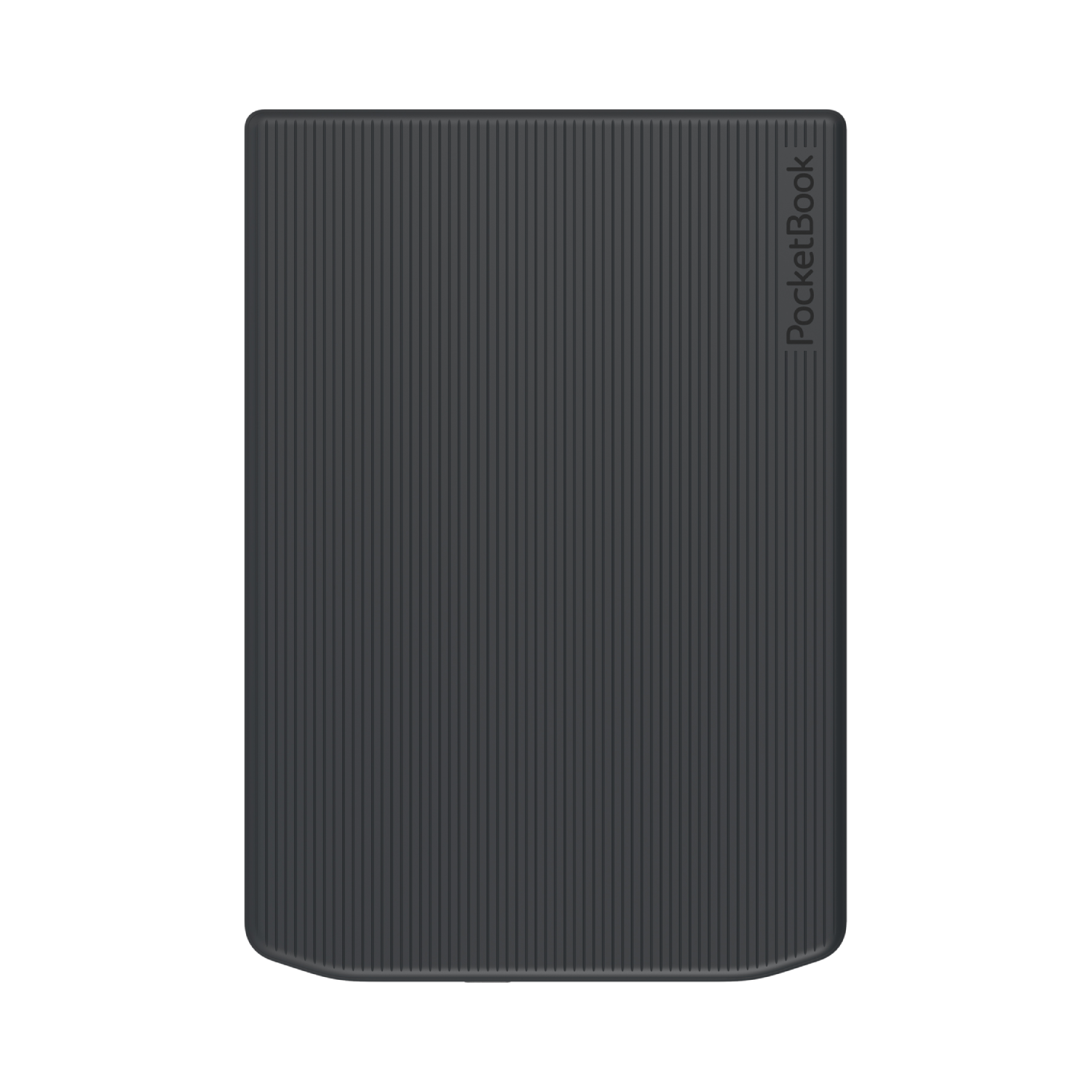 Black PocketBook e-reader, with a textured, ridged cover.