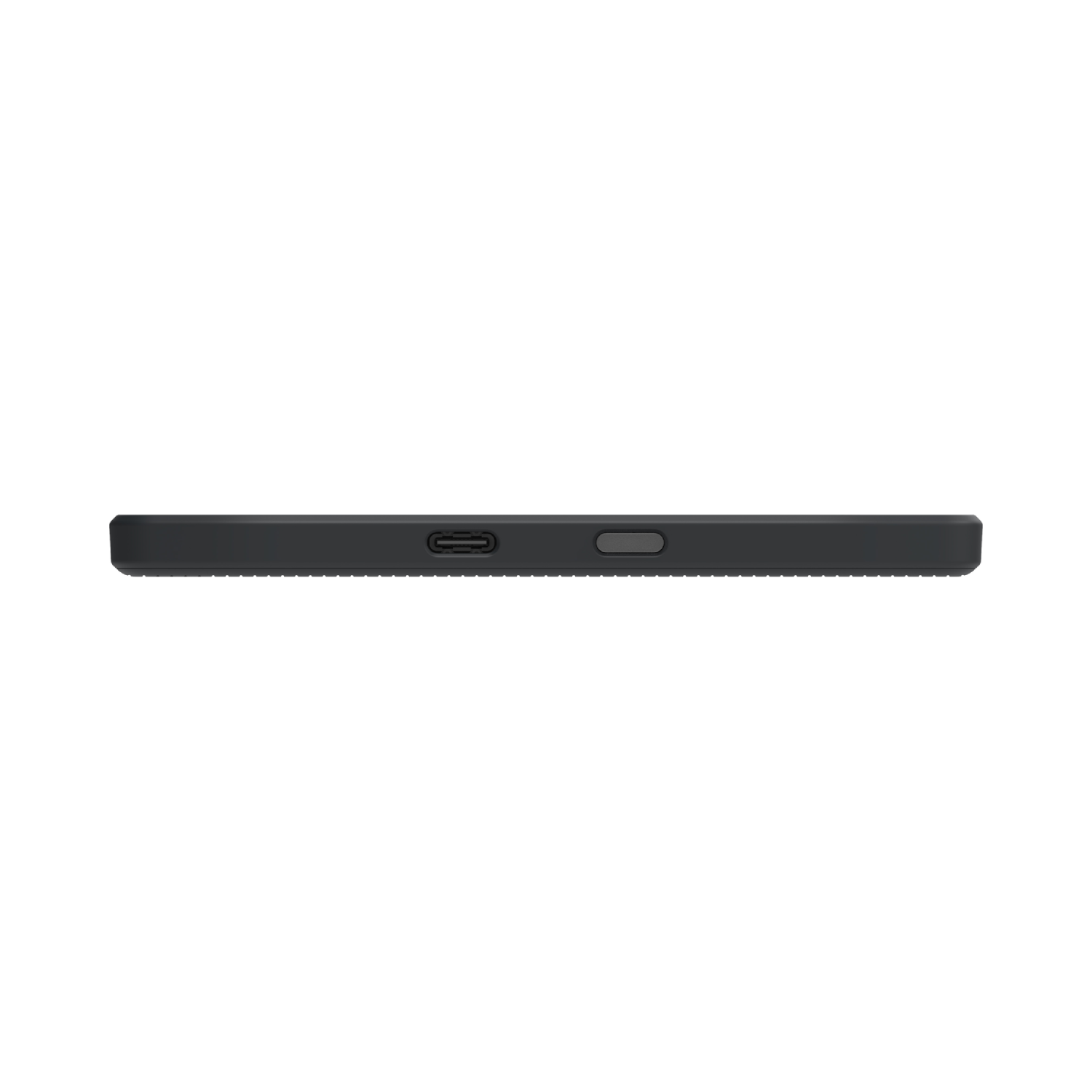 Side view of a black electronic device, showing a port and button.