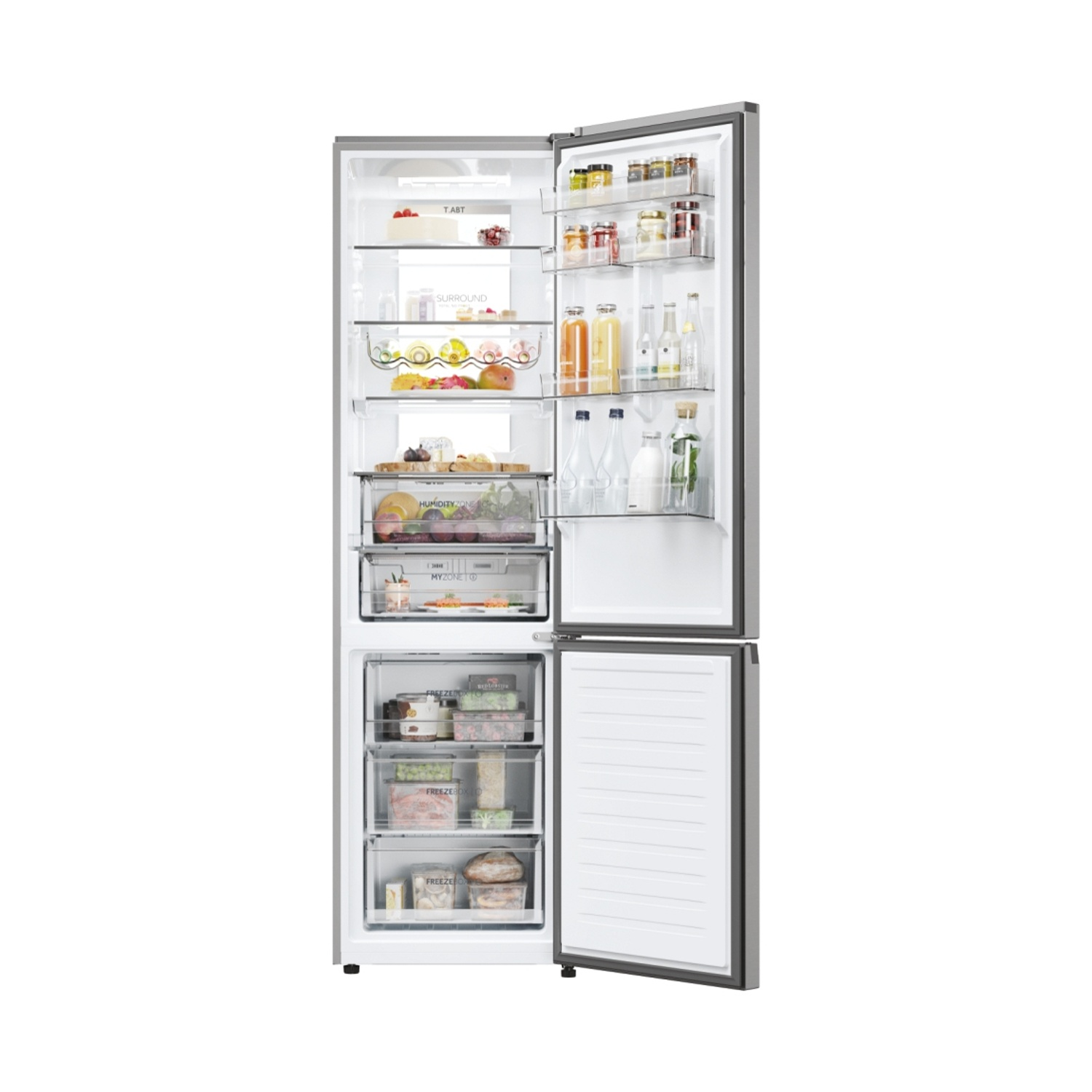 Frigorifero aperto in acciaio inossidabile con ripiani pieni di cibo.