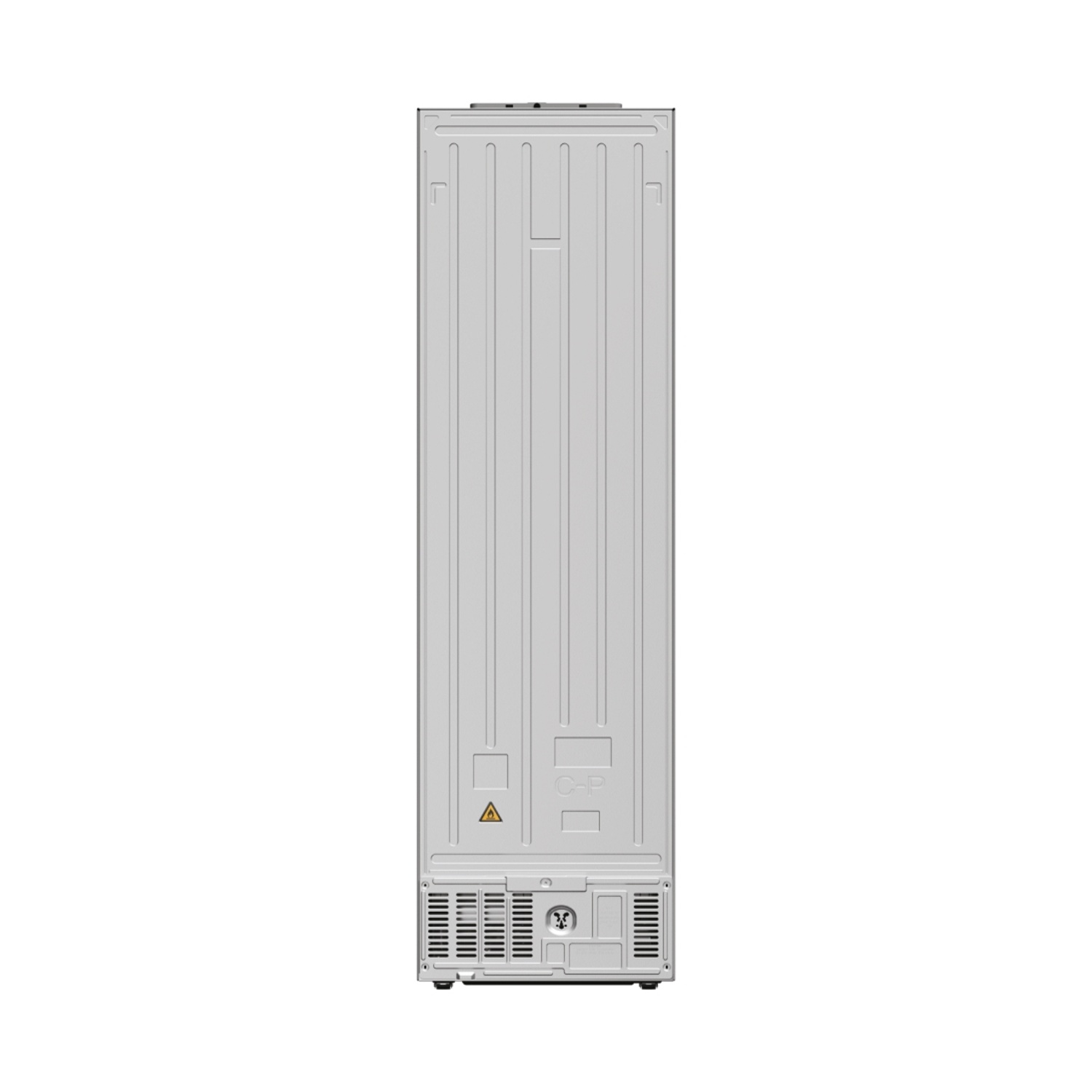 Vista posteriore di un frigorifero bianco, con ventilazione ed etichetta di avvertimento.