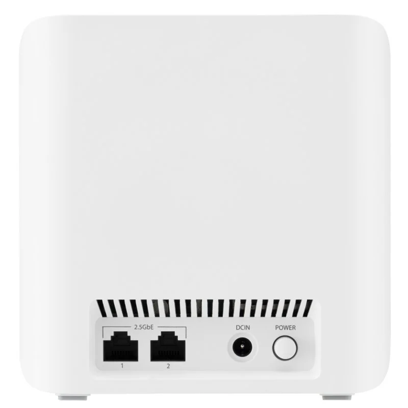Parte trasera de router blanco con puertos, botón de encendido y ventilación. Diseño limpio.