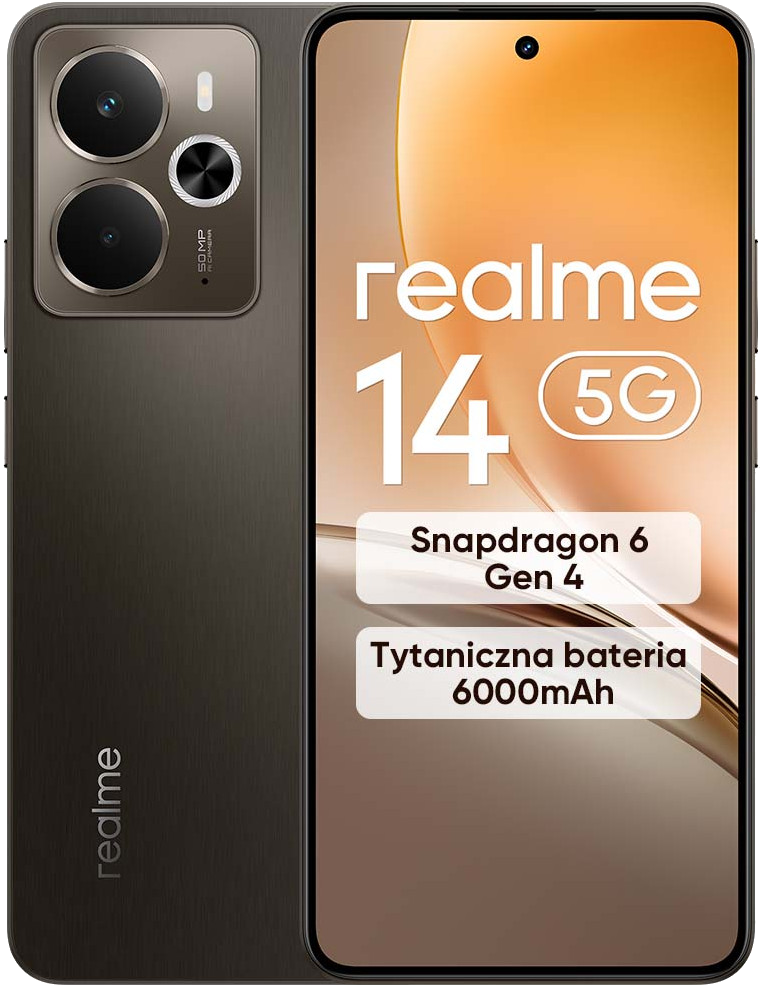 Brązowy telefon z czarnym wypukłym aparatem. Tekst na ekranie: Realme 14 5G, Snapdragon 6 Gen 4, bateria 6000mAh.