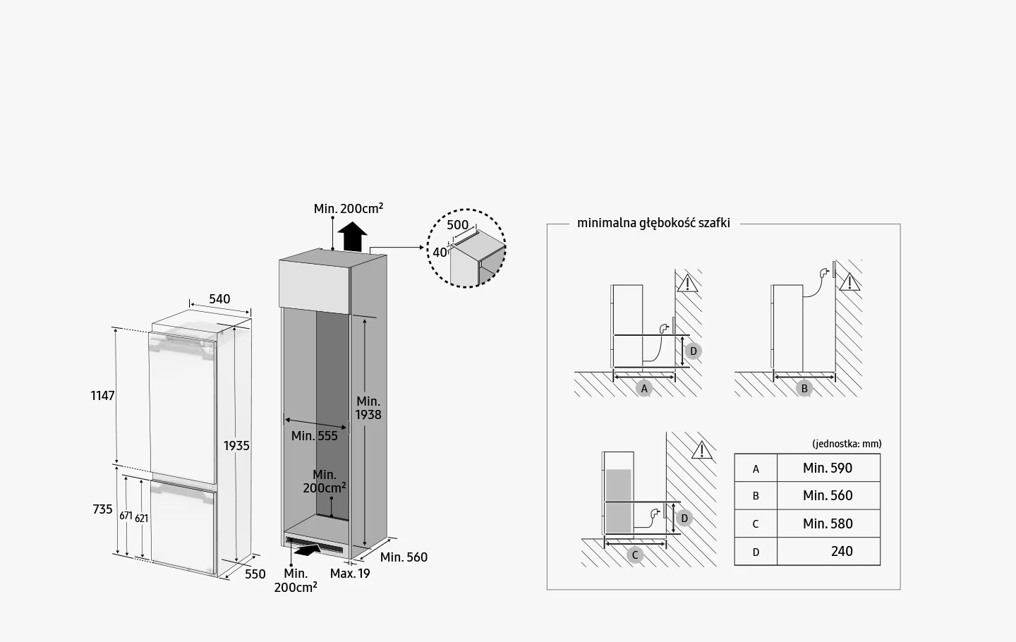 A hűtőszekrény méreteit ábrázoló diagram. Felső és oldalsó nézeteket és méréseket tartalmaz.