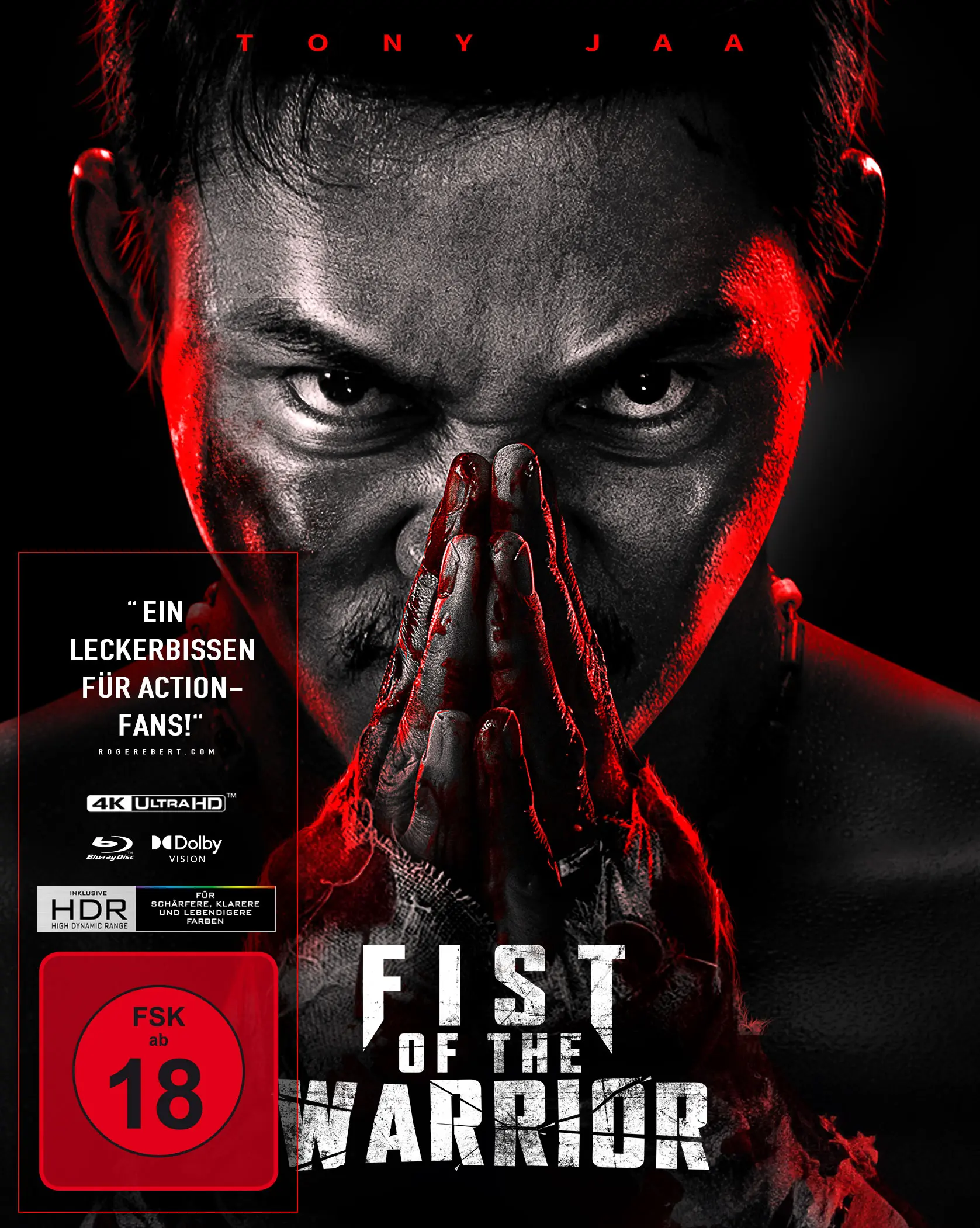 Filmposter für "Fist of the Warrior" mit Tony Jaa, Mann mit blutigem Gesicht.