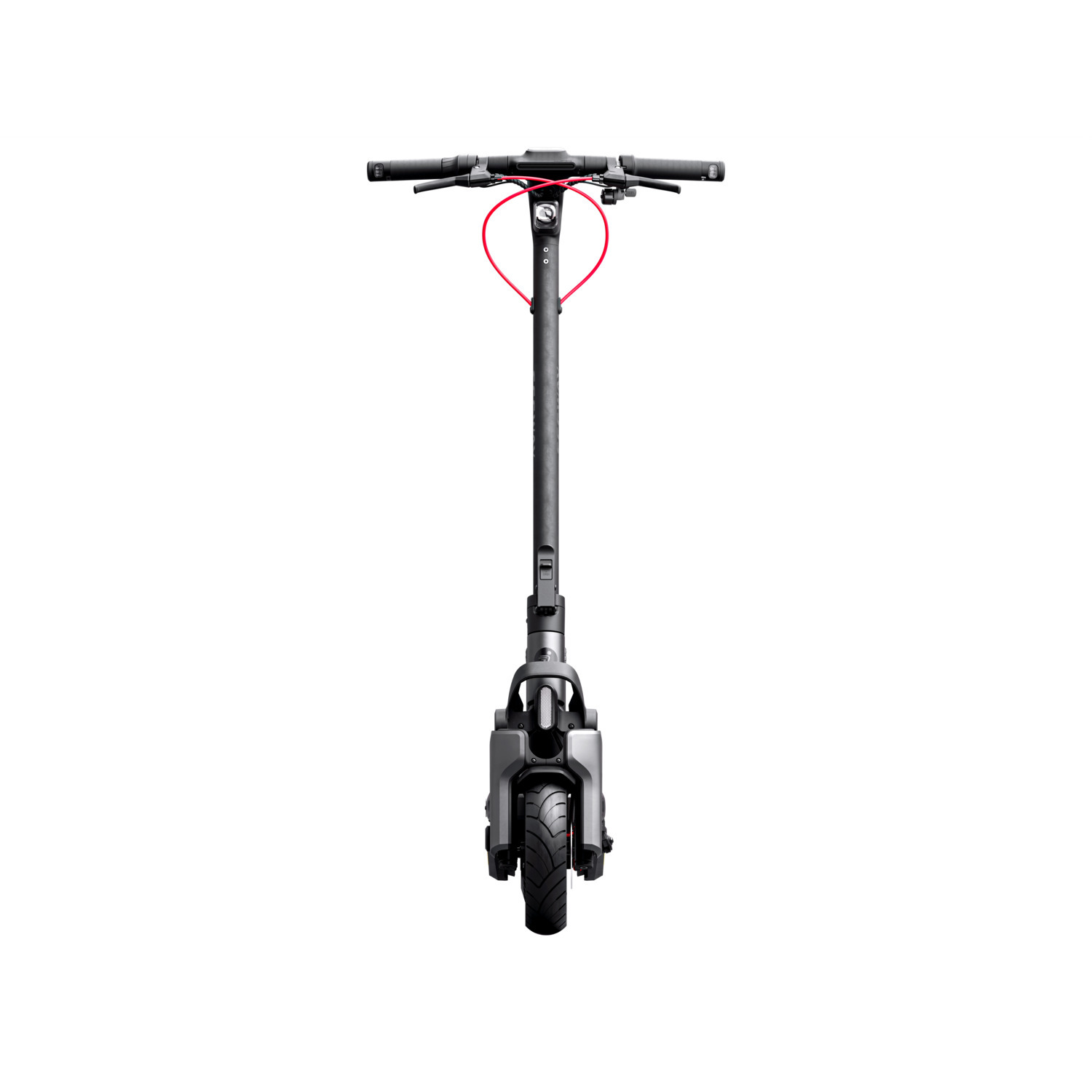 Elektrische scooter, vooraanzicht, zwart en grijs, rode remkabel, witte achtergrond.