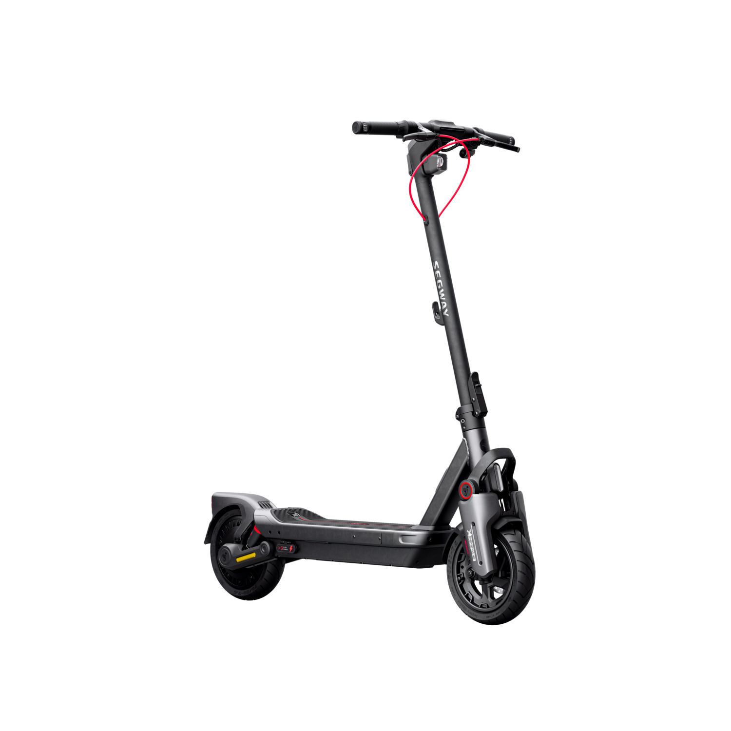Een zwarte en grijze elektrische scooter op een witte achtergrond, met een rode kabel.