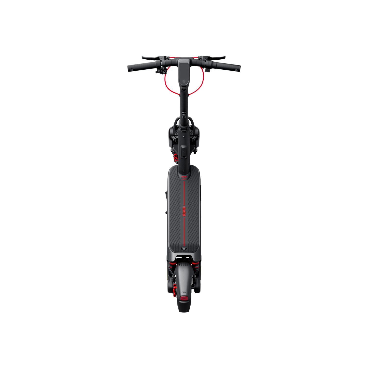 Zwarte en rode elektrische scooter van bovenaf. Rood stuur en voetensteun.