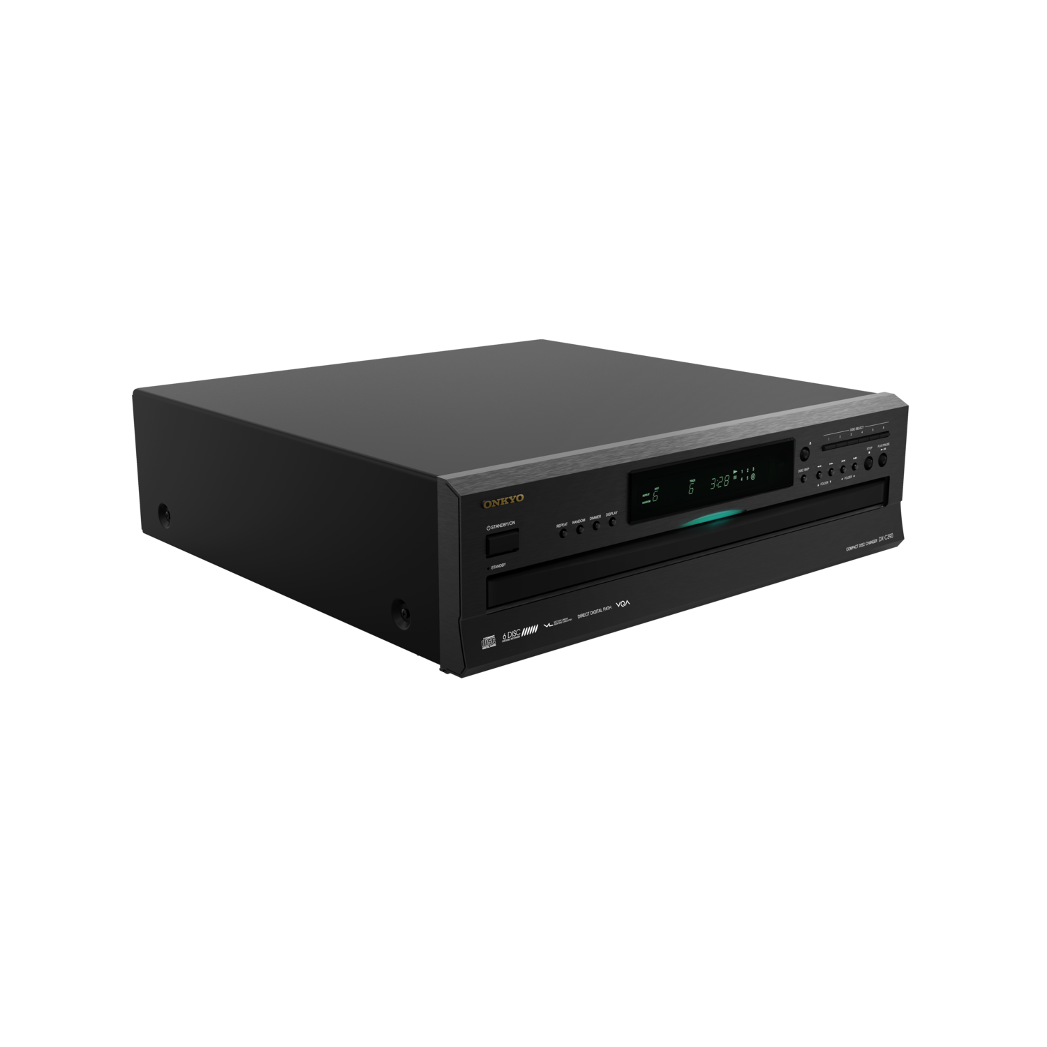 Een zwarte Onkyo cd-speler met een digitaal display en diverse bedieningsknoppen.