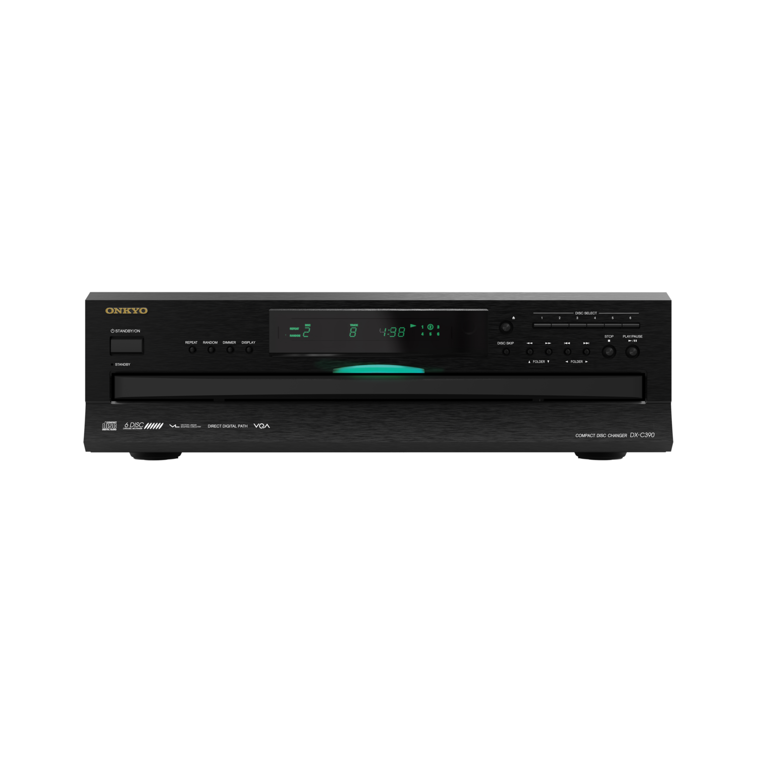 Zwarte Onkyo cd-speler met een display met nummers en knoppen.