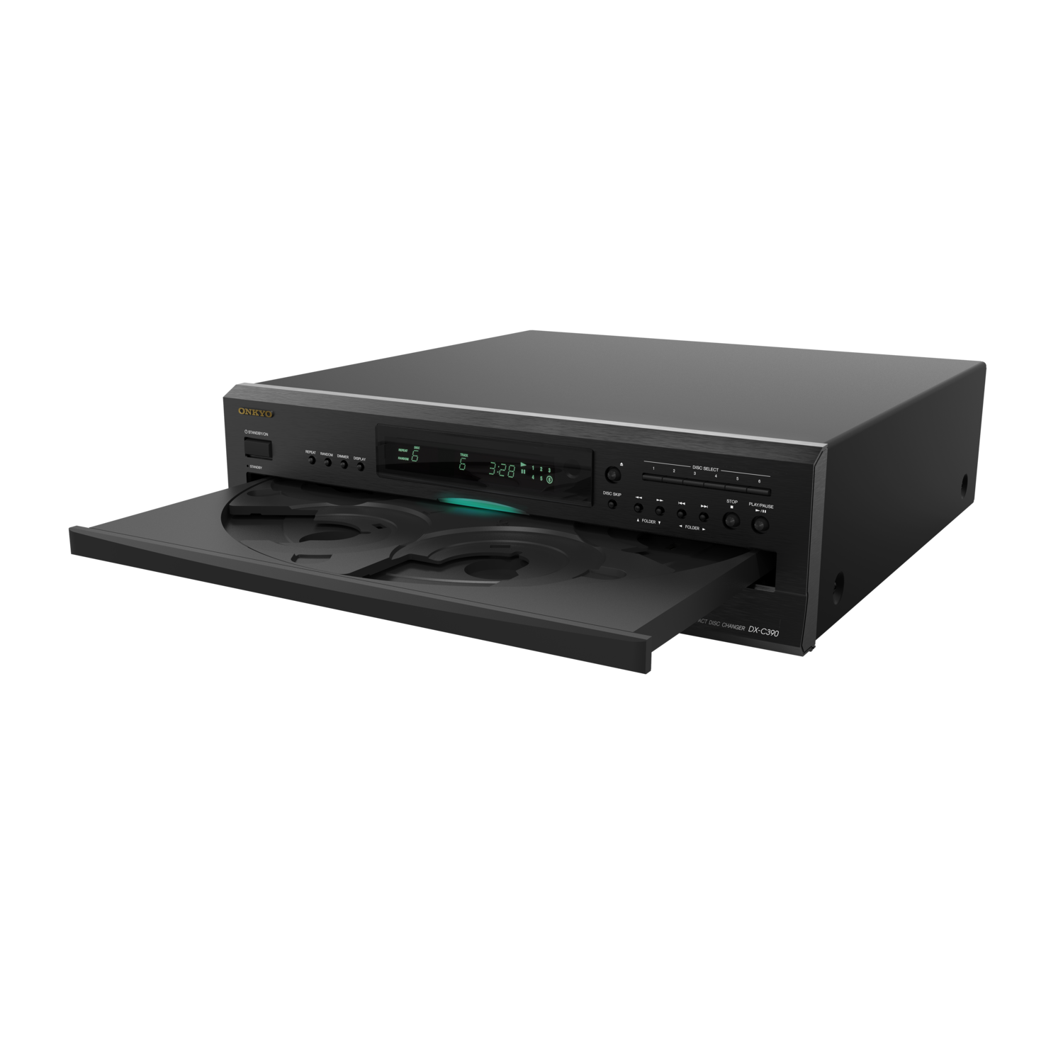 Zwarte Onkyo cd-speler met open lade, met de lade en het display.