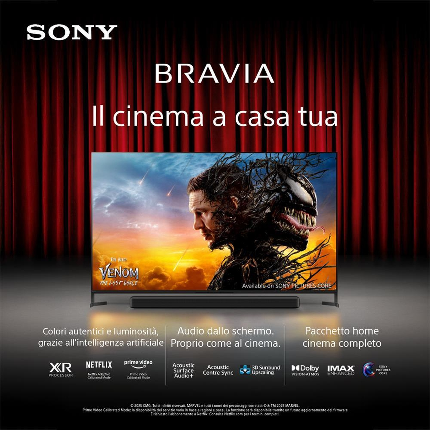 Una pubblicità per una TV Sony Bravia, con una scena di un film e le caratteristiche del prodotto.
