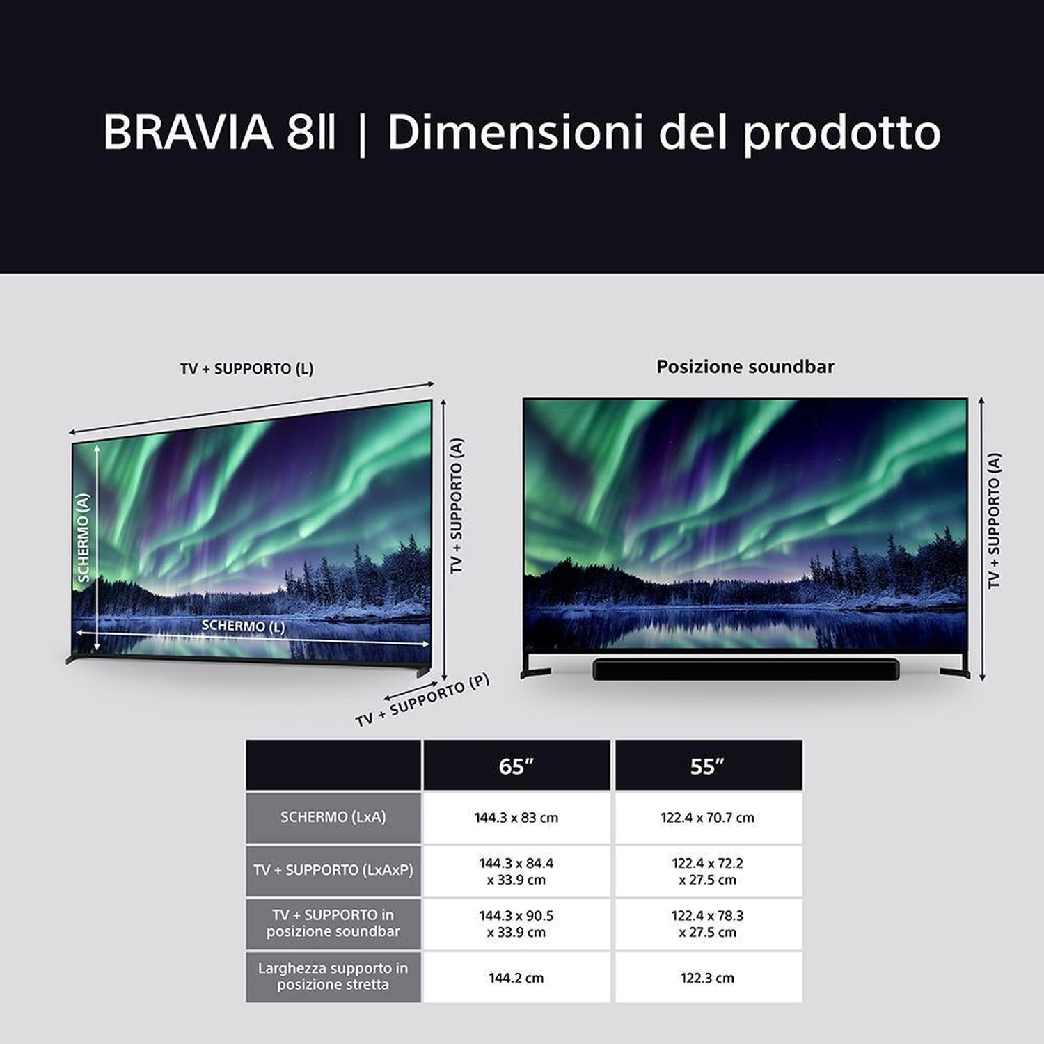Una tabella delle dimensioni del prodotto per uno schermo TV, che mostra diverse misure.