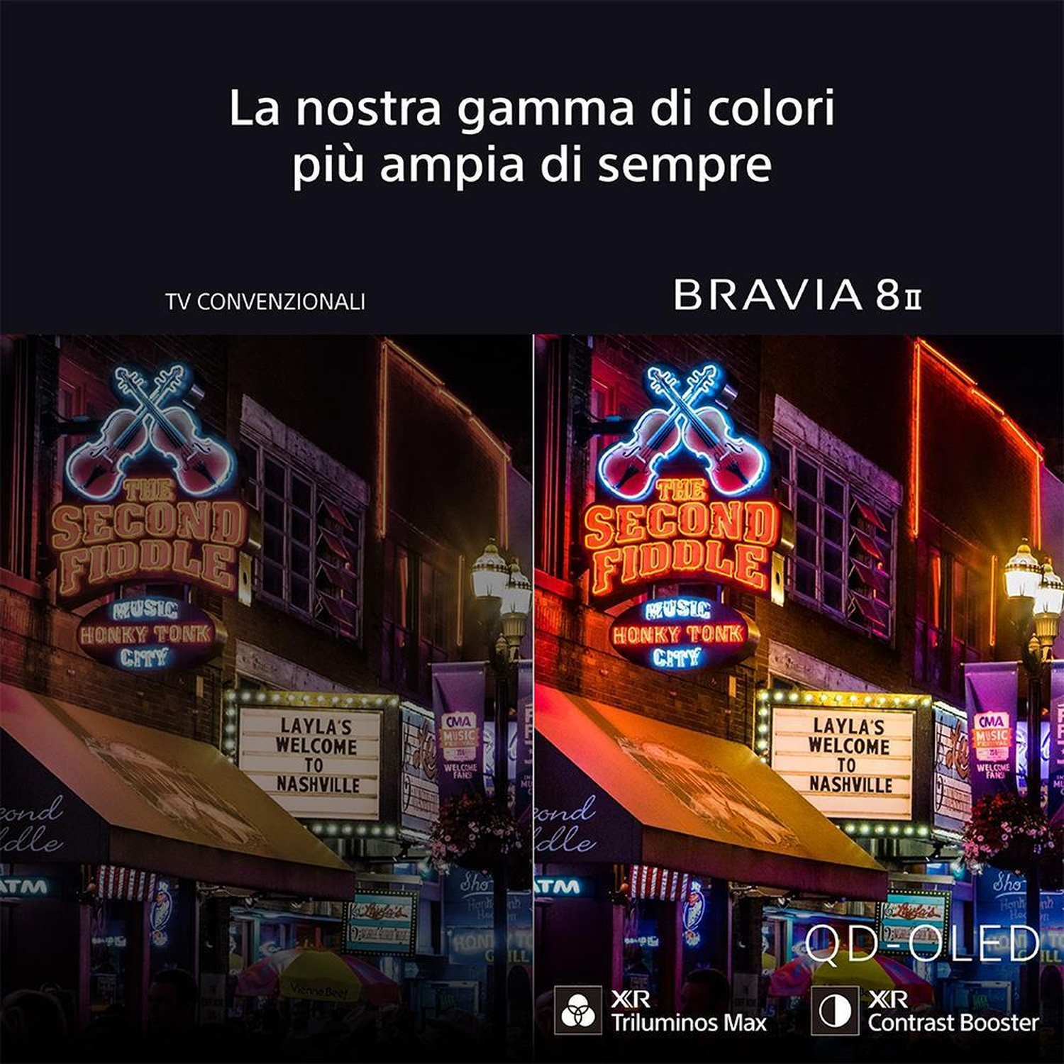 Due immagini che confrontano schermi TV, mostrando insegne al neon di una città di notte.