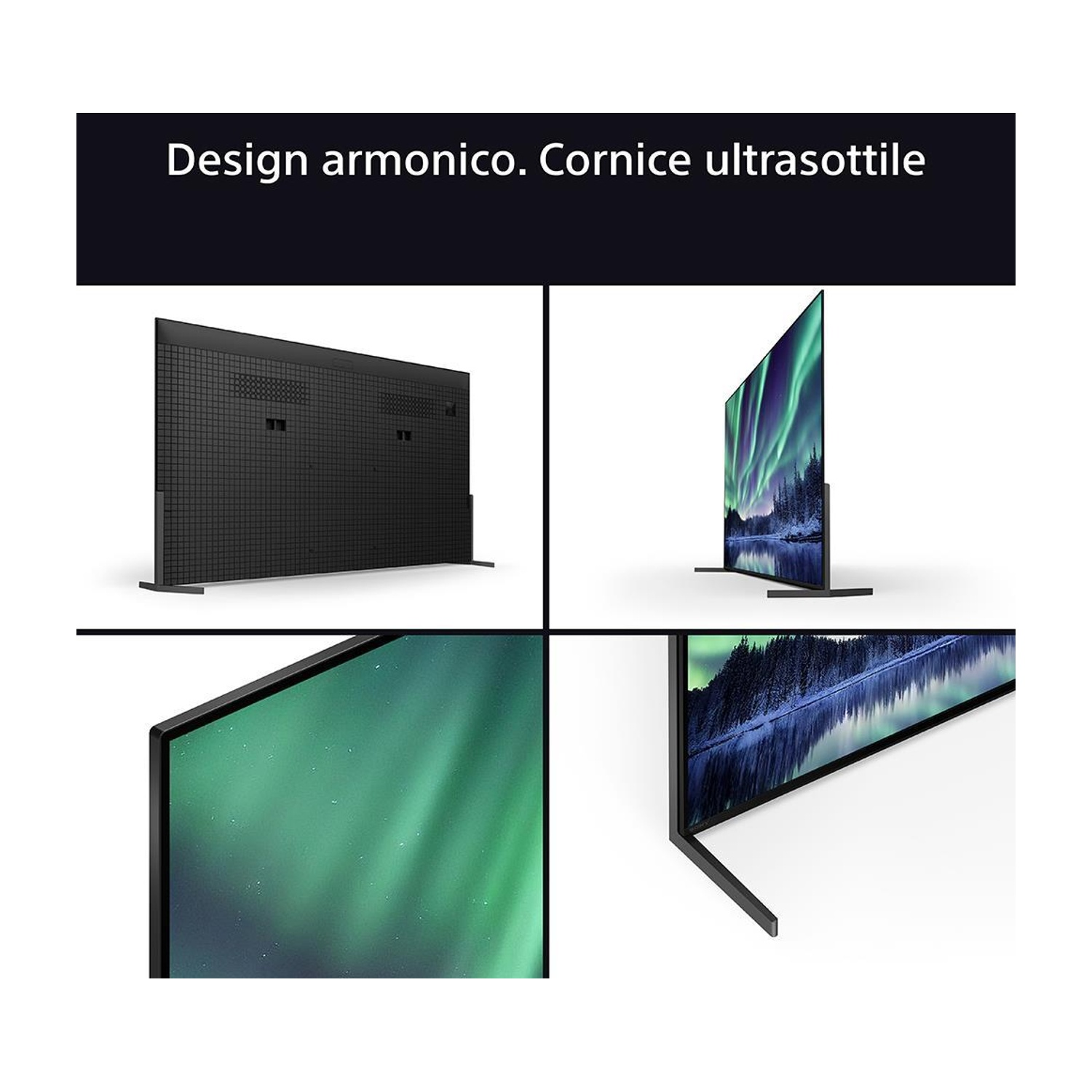 TV con cornice ultrasottile, che mostra una scena di aurora boreale. Primi piani della cornice.
