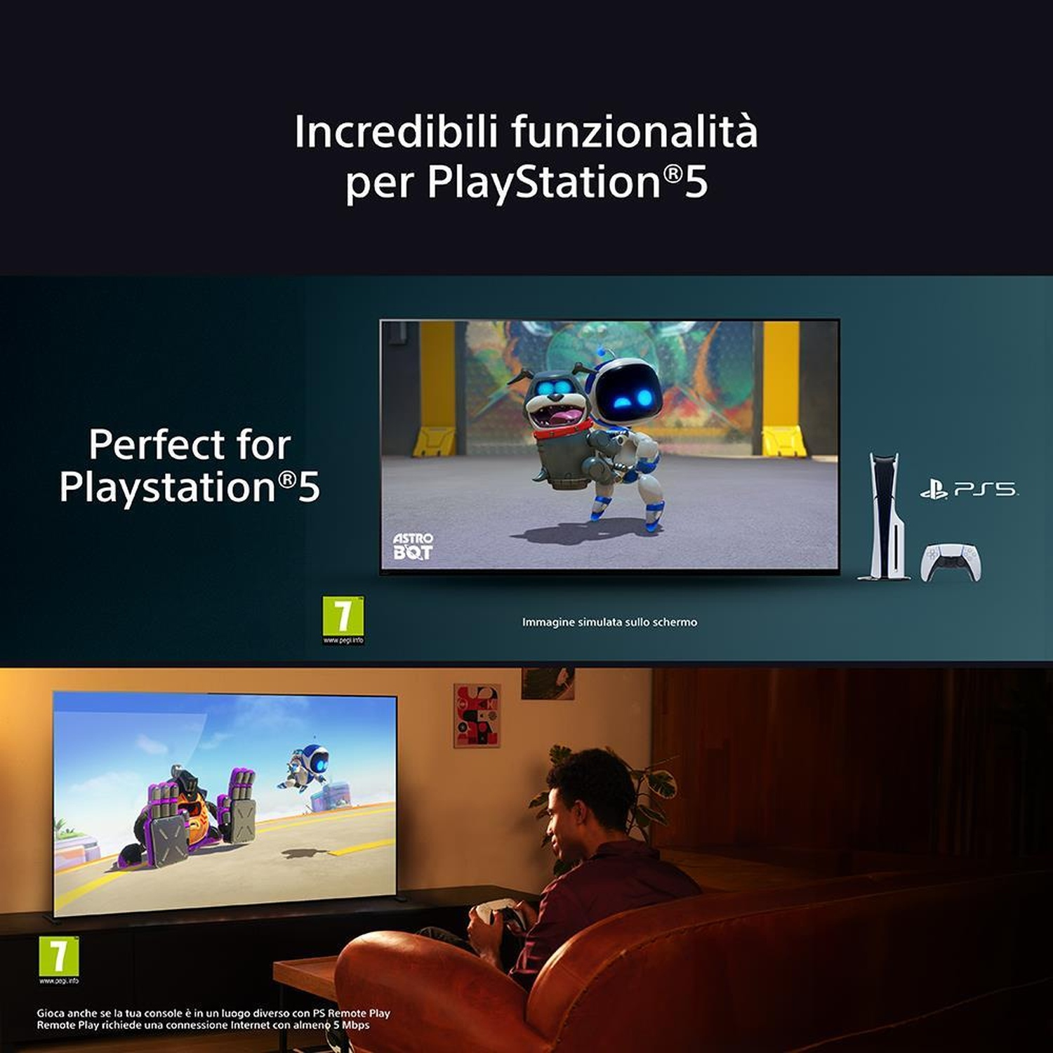 Due TV mostrano gameplay PS5. Uno mostra un gioco, l'altro una persona che gioca.