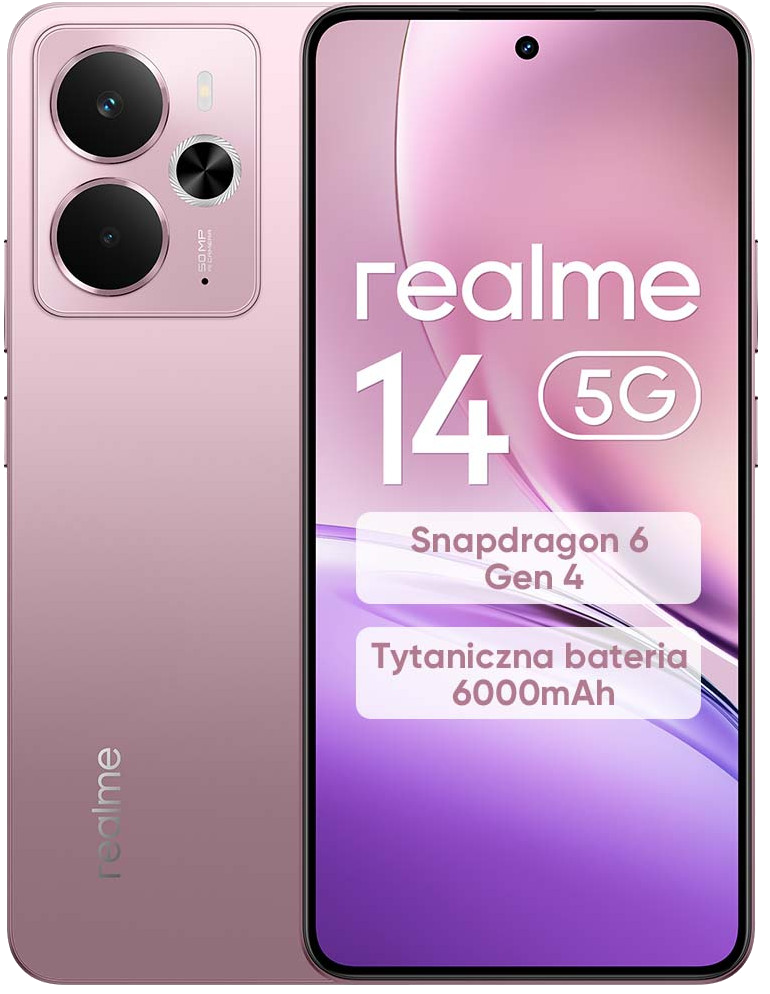 Różowy telefon Realme. Ma moduł aparatu w lewym górnym rogu. Ekran wyświetla tekst.