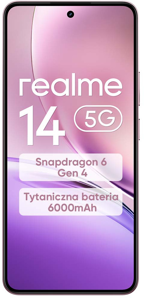 Różowy telefon Realme 14 5G ze specyfikacjami: Snapdragon 6 Gen 4 i bateria 6000 mAh.