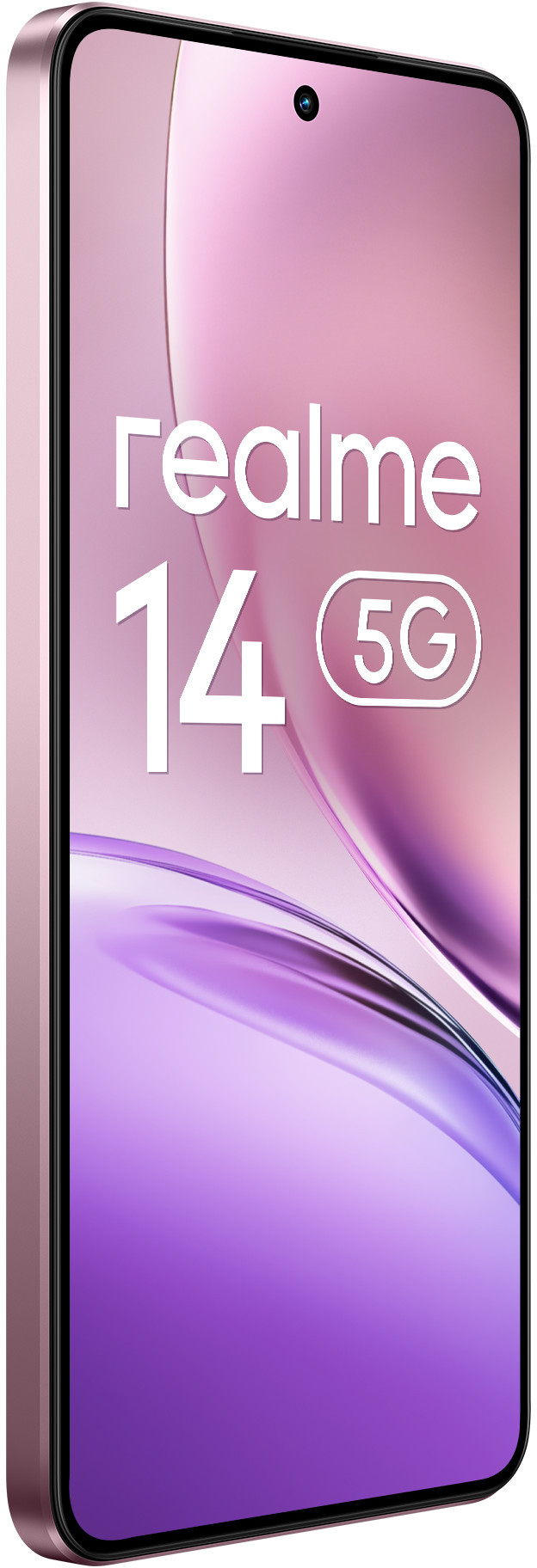 Fioletowy telefon Realme 14 5G, widok z boku. Ekran pokazuje fioletowy gradient.
