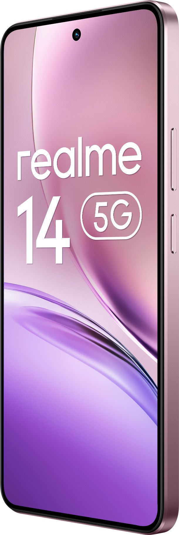 Różowy telefon Realme 14 5G. Jest pod kątem, pokazując ekran z logo i bocznymi przyciskami.