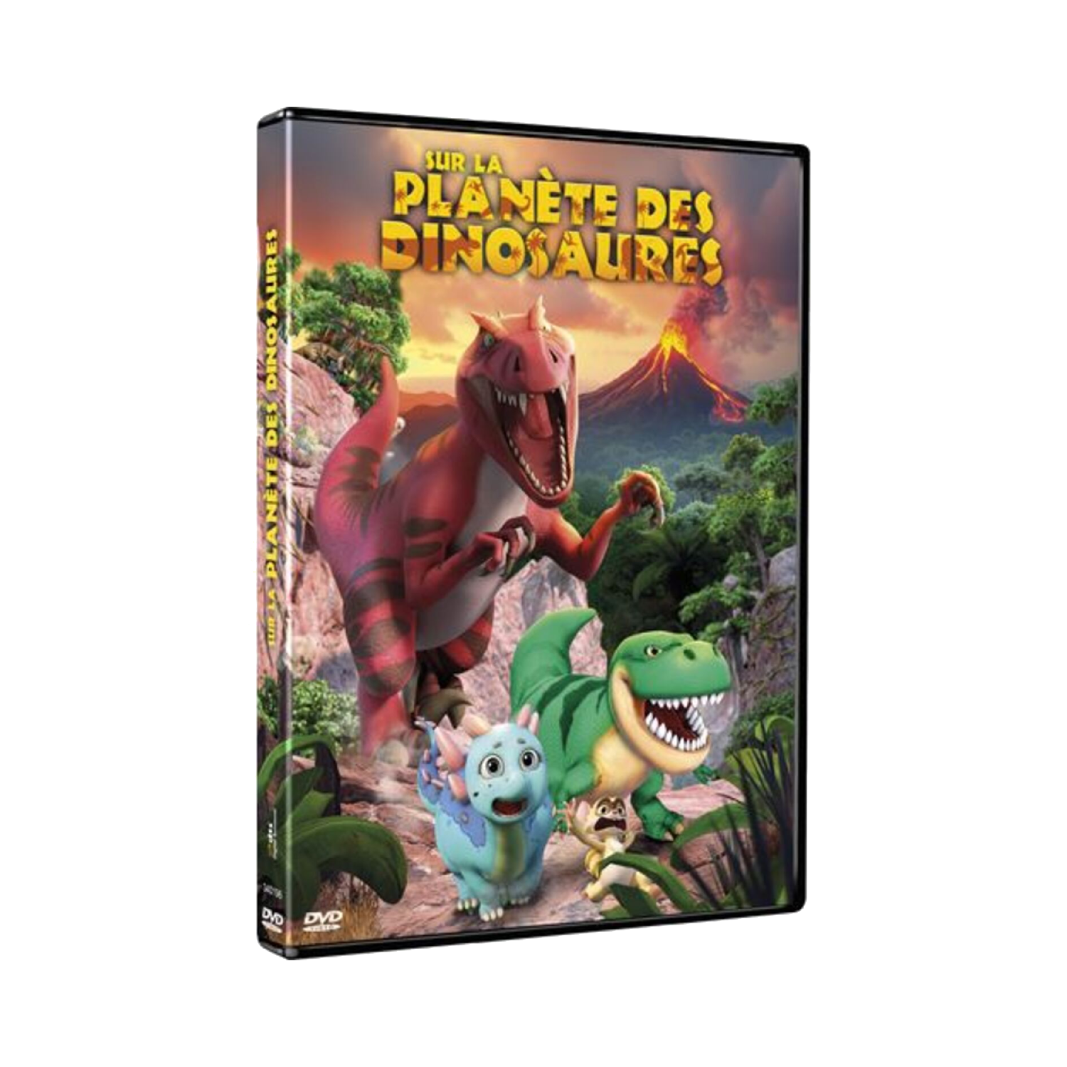 Couverture de DVD avec des dinosaures de dessins animés. Un T-Rex rouge, un dinosaure vert et un bleu.