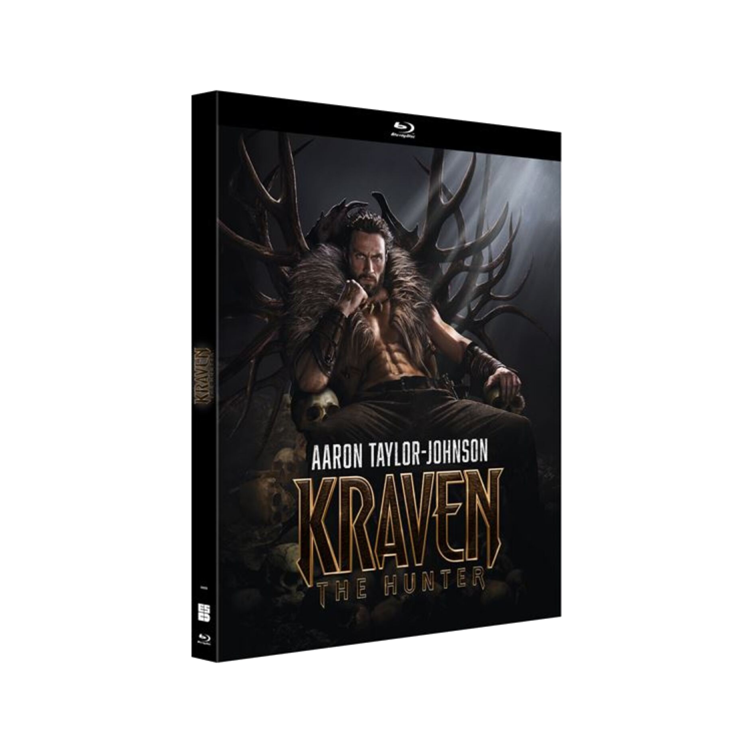 Kraven the Hunter Blu-ray disc case met Aaron Taylor-Johnson op de cover.