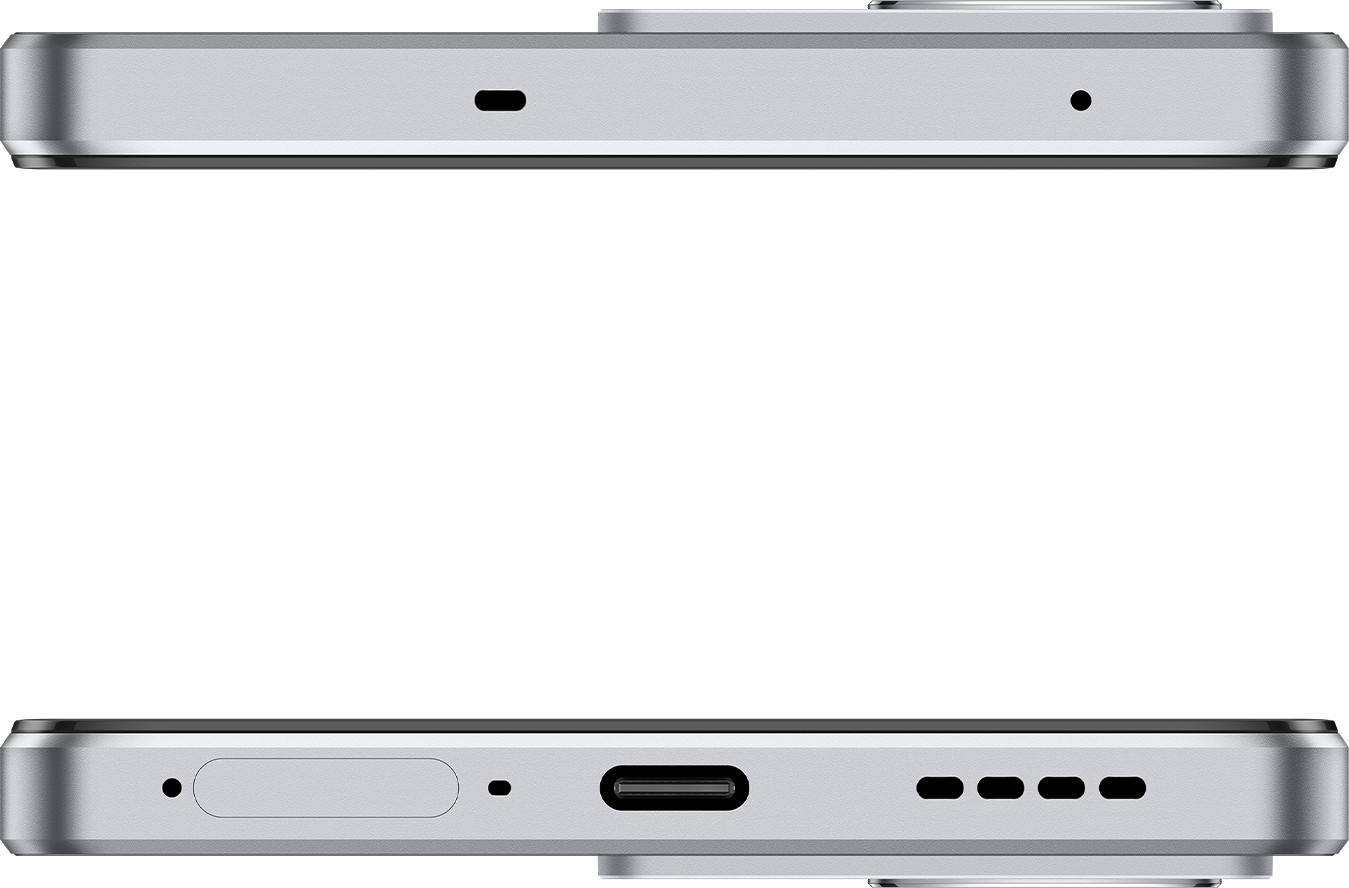 Dwa widoki boczne srebrnego smartfona, pokazujące port ładowania i inne funkcje.