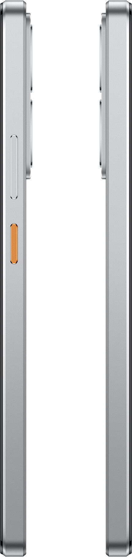 Dwa srebrne telefony obok siebie, pokazujące profil boczny. Jeden ma pomarańczowy przycisk.