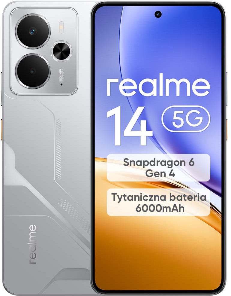 Srebrny telefon Realme. Ma trzy aparaty i ekran z logo Realme.
