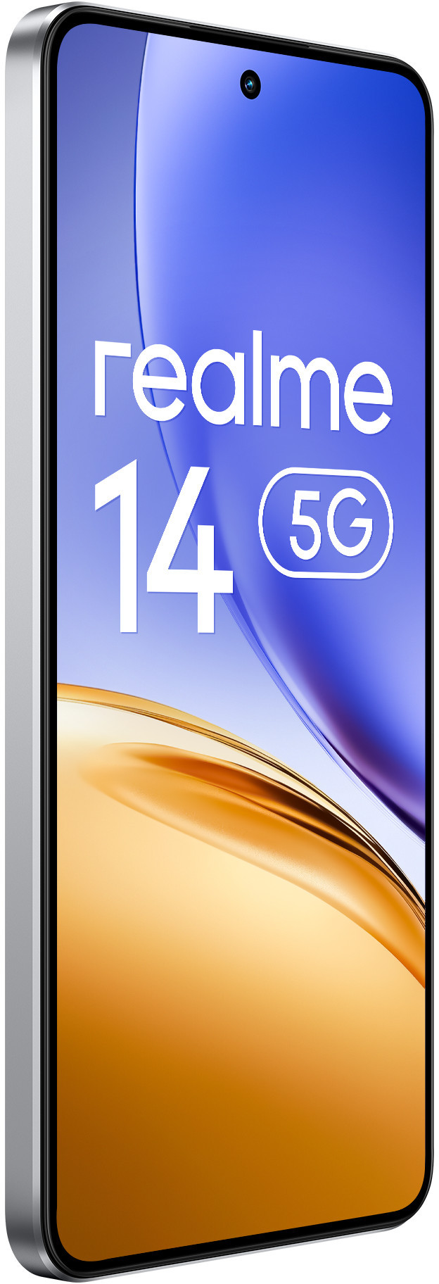 Telefon Realme 14 5G. Srebrna ramka, ekran z tekstem. Aparat u góry.