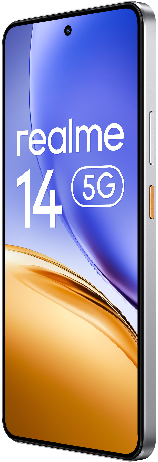 Srebrny smartfon z niebiesko-pomarańczowym gradientem. Tekst Realme 14 5G. Białe tło.