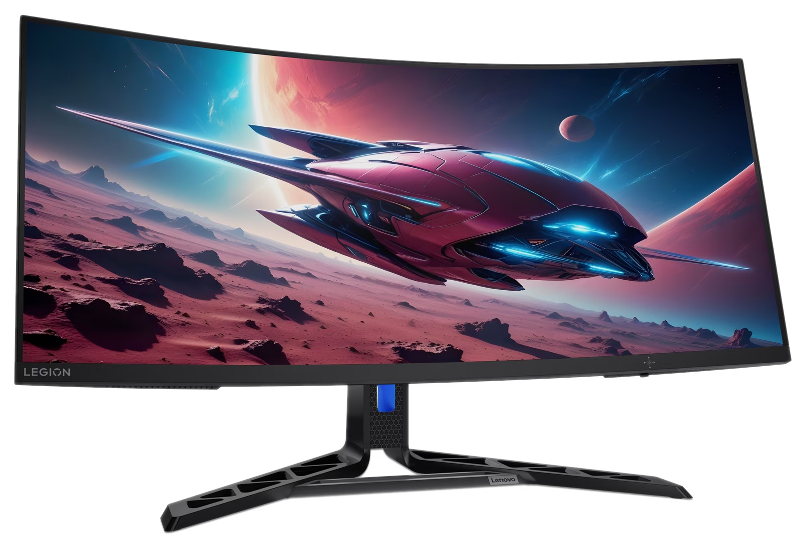 Zakrzywiony monitor z kosmiczną sceną na ekranie. Czarny stojak z niebieskim akcentem. Widoczne logo Lenovo.