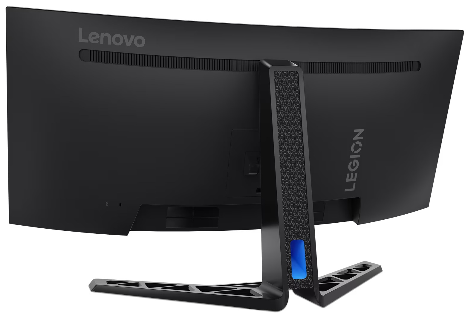 Tył zakrzywionego czarnego monitora Lenovo Legion z niebieskim światłem. Podstawa jest czarna i ma kształt.