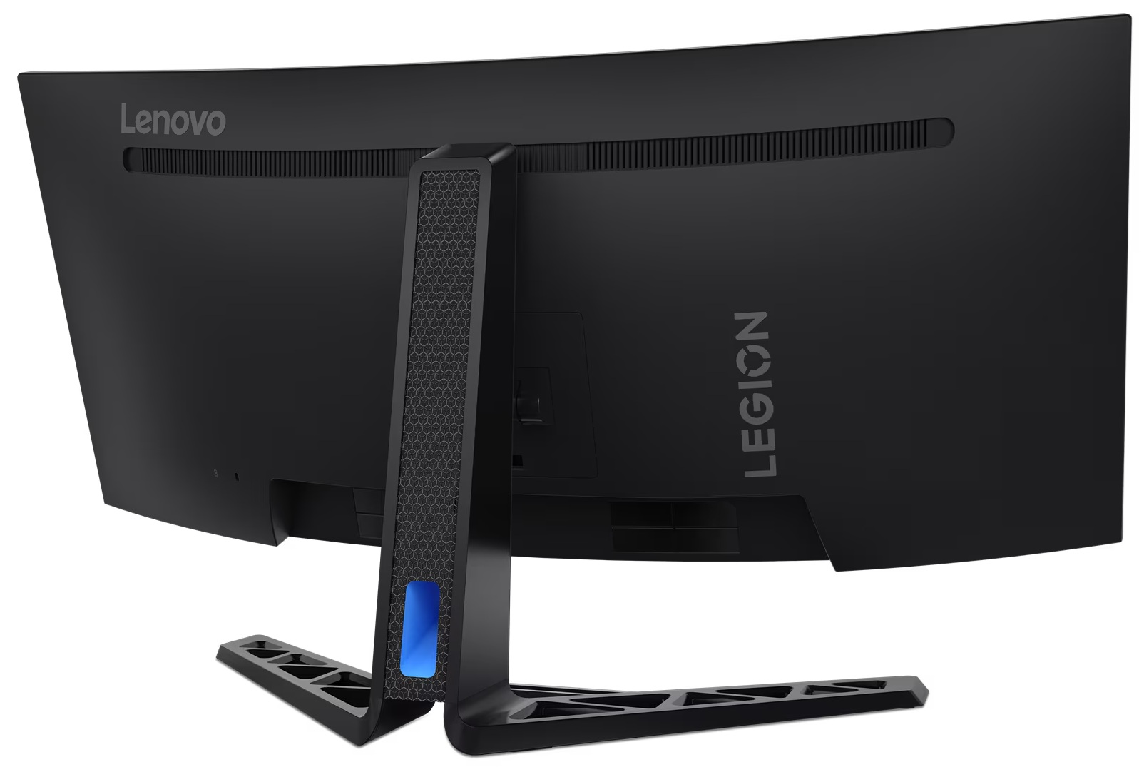 Czarny zakrzywiony monitor Lenovo Legion, widok z tyłu, ze stojakiem. Widoczne logo Lenovo i Legion.