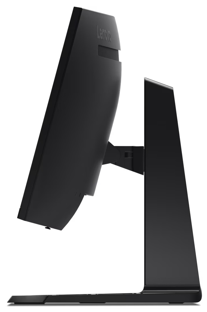Widok z boku czarnego monitora komputerowego Lenovo o eleganckim i nowoczesnym designie.