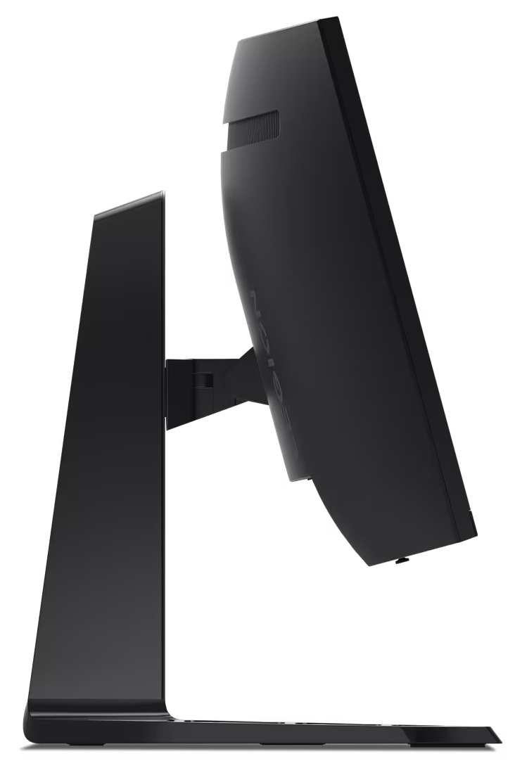 Widok z boku czarnego monitora Lenovo Legion, pokazujący jego podstawę i konstrukcję.