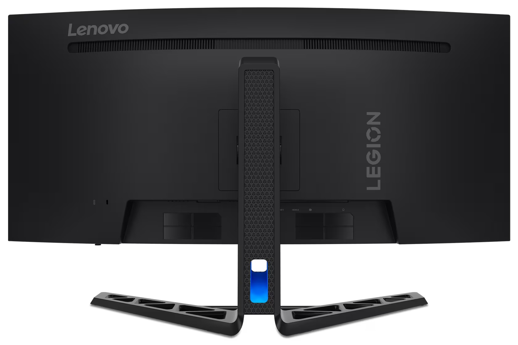 Widok z tyłu czarnego monitora Lenovo Legion z charakterystyczną podstawką i portami.